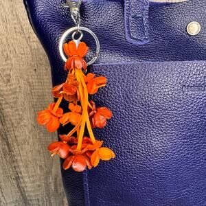 Flower Purse Charm Genuine Leather Bag Charm Orange Flowers Bouquet FAST SHIP